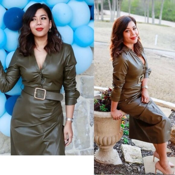 Zara khaki faux leather V-neck belted midi dress lapel collar long sleeve L NWOT - Picture 8 of 16